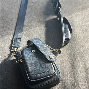 Bandolier Black Leather Crossbody Bag with lipstick holder strap